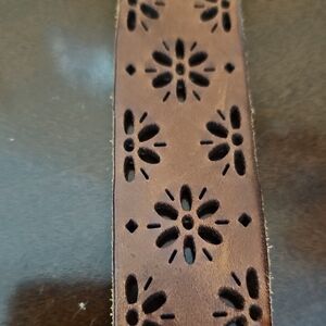 Brown Floral Leather Belt, Antique Gold Tone Buckle